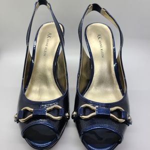 Anne Klein Navy Faux Patent Leather Strap Sandals
